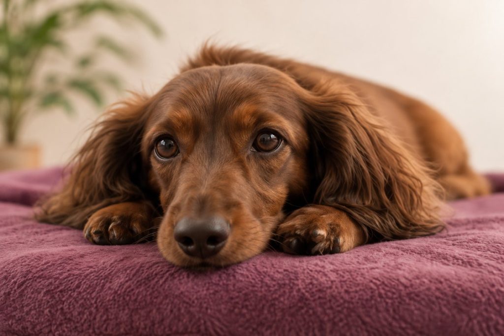 Brun hund der slapper af på en blød pude